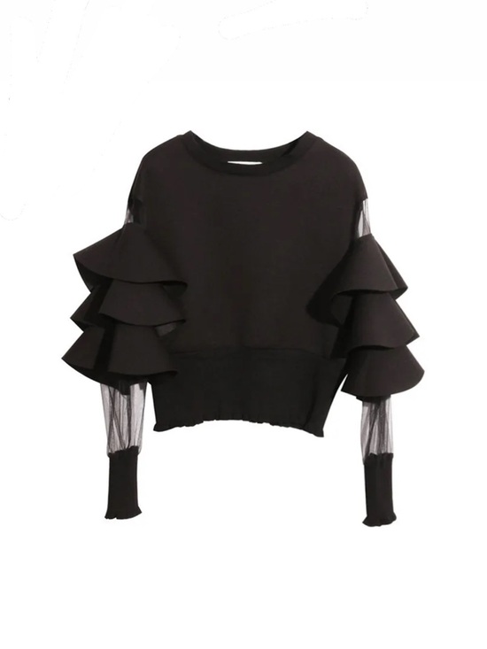 Gracia Tops - Gracia Black Ruffle-Sleeve Cropped Top